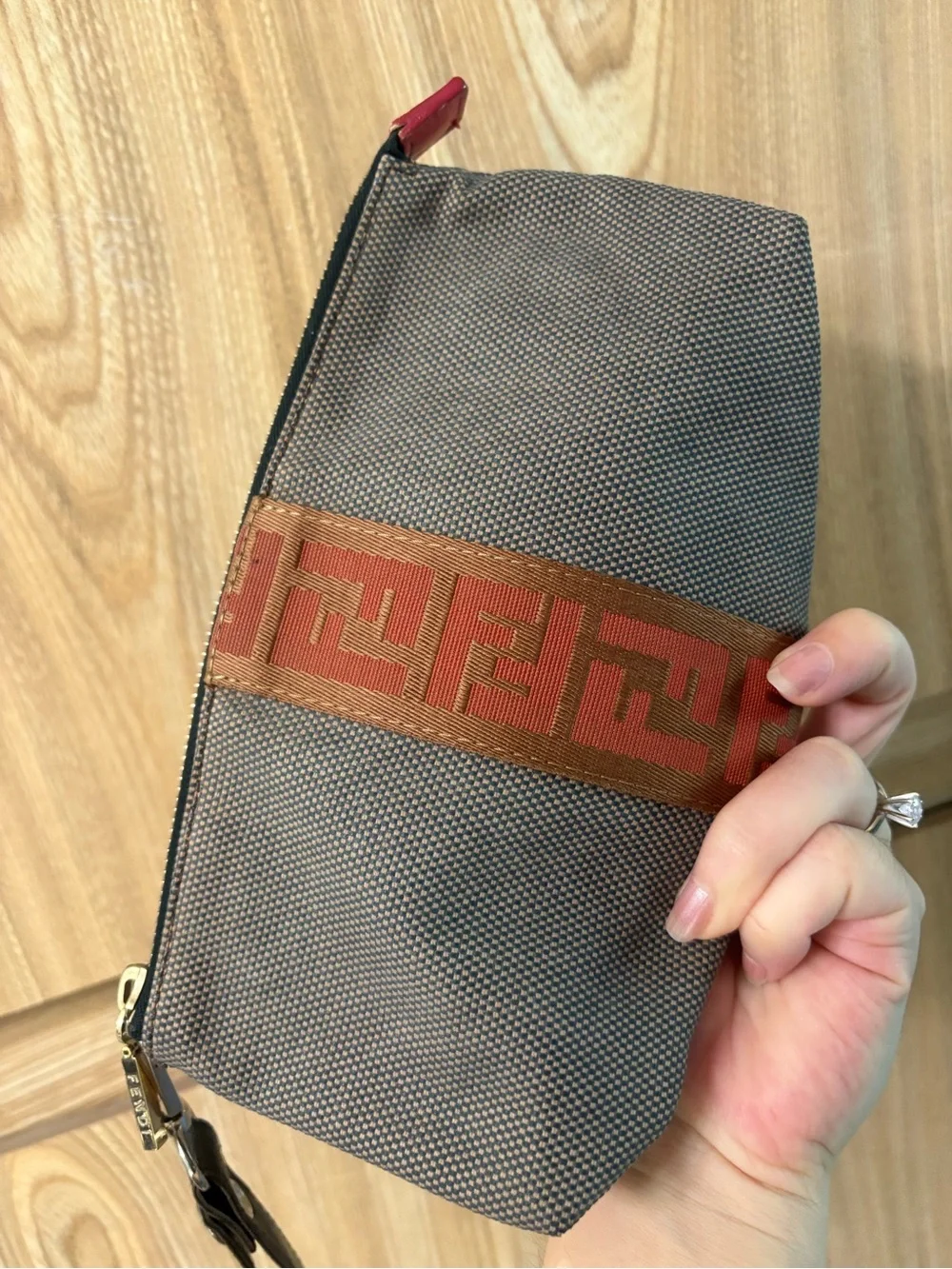 Auth Fendi Logo canvas pouch
